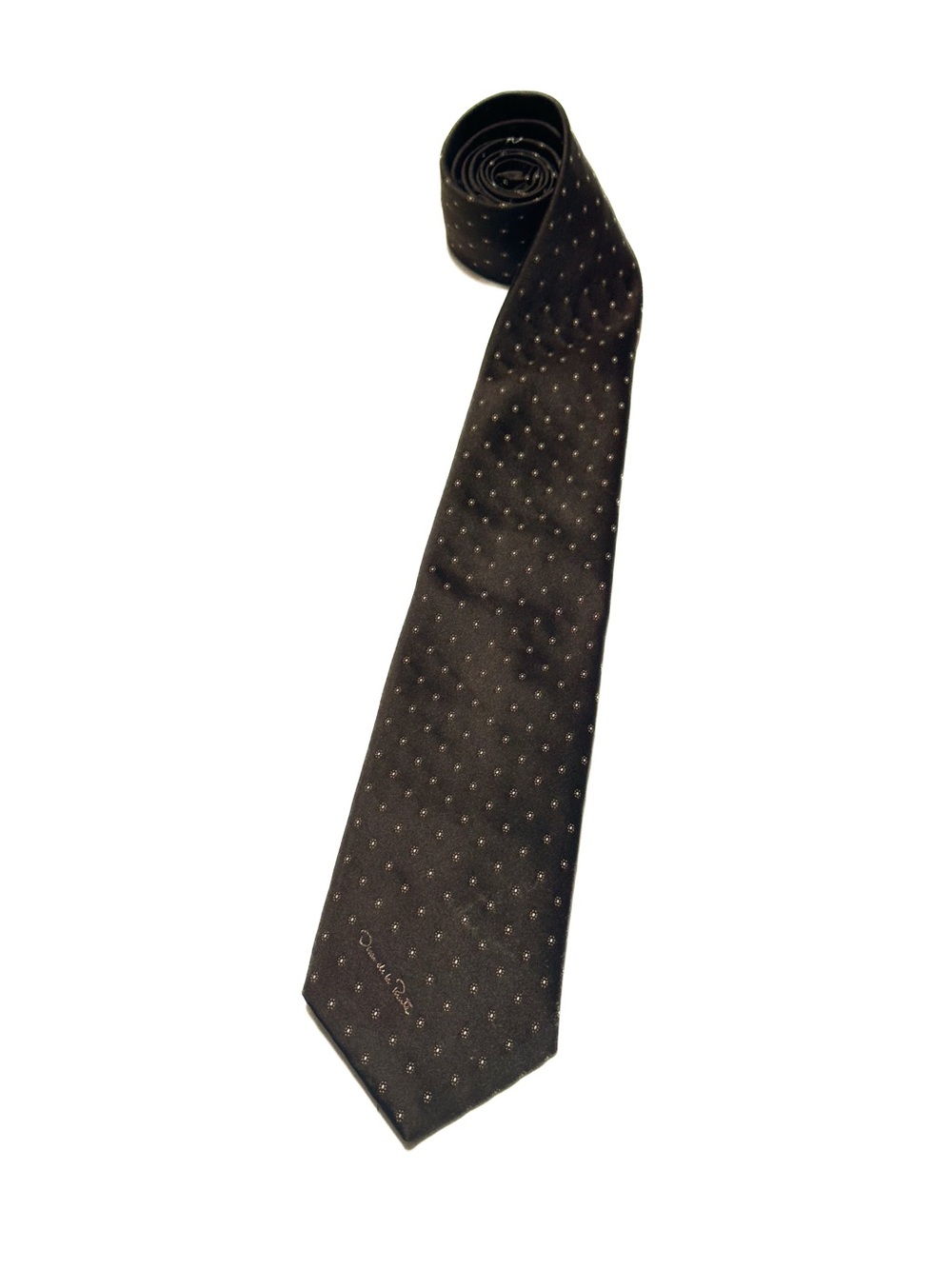 Vintage Oscar de la Renta Brown Geometric Micro Dot Floral Pattern Neck Tie